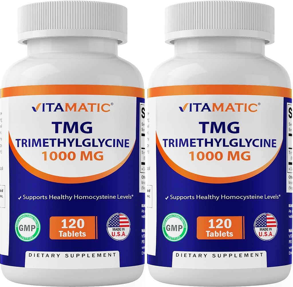 Vitamatic TMG Supplements 1000mg - Trimethylglycine - Betaine Anhydrous - 120 Tablets - 120 Servings - Non-GMO & Gluten Free (2 Bottles)