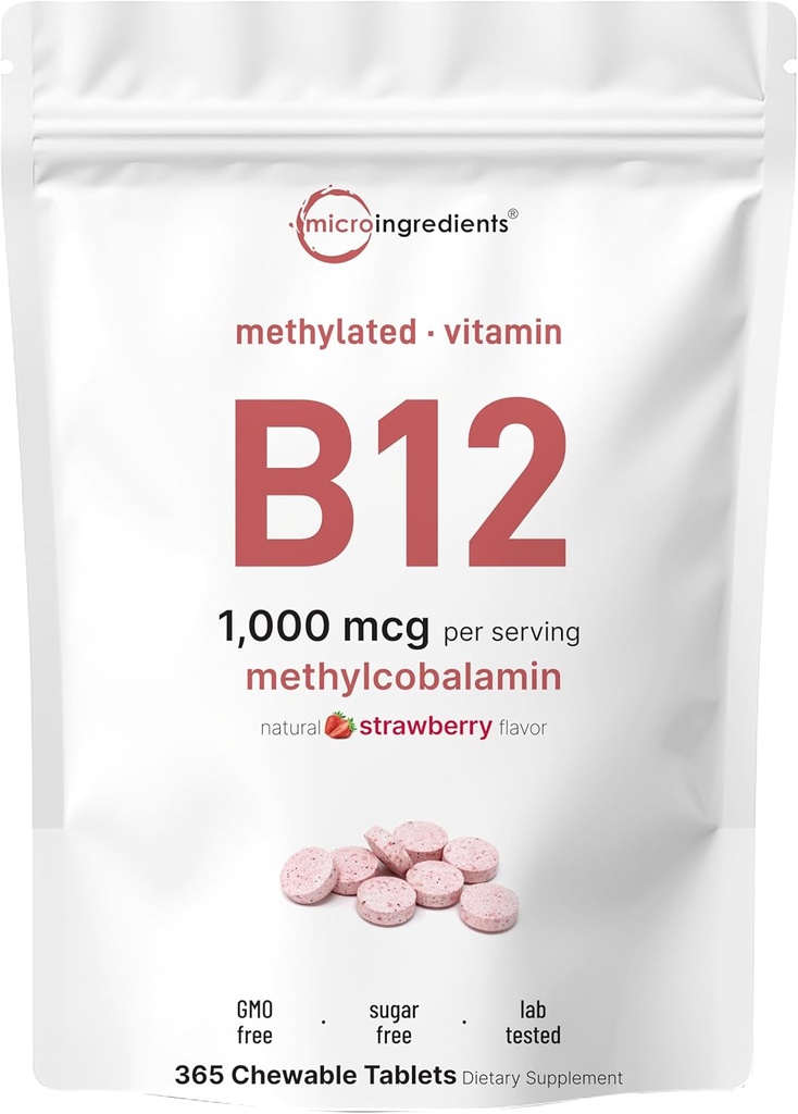 Micro Ingredients Vitamin B12 1,000 mcg | Methylcobalamin – 365 Chewable Tablets | Fast Dissolve, Natural Strawberry Flavor | Supports Energy & Metabolism Health | Vegan, Non-GMO, Gluten Free