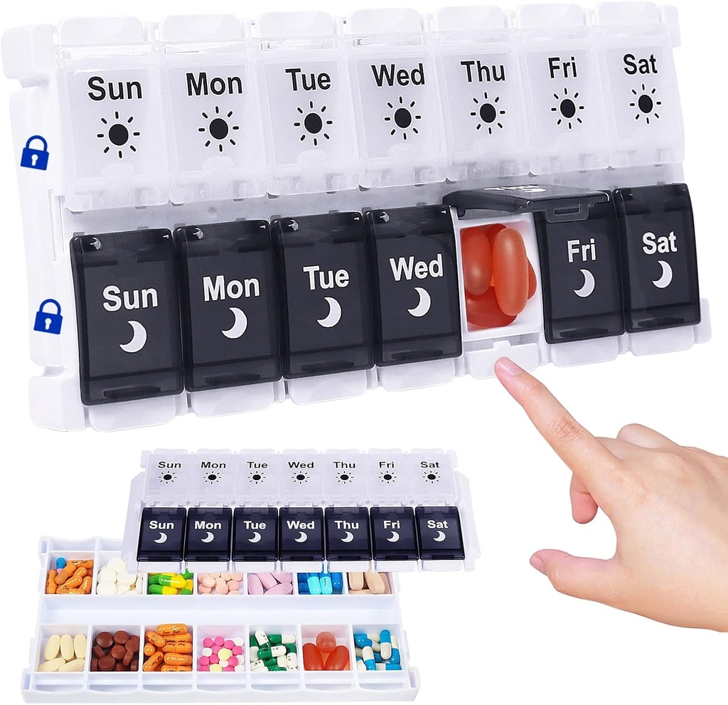 HRX Package Pill Organizer 2 Times a Day, Easy Fill & Open Weekly Medicine Box Vitamin Cases for 7 Day AM PM