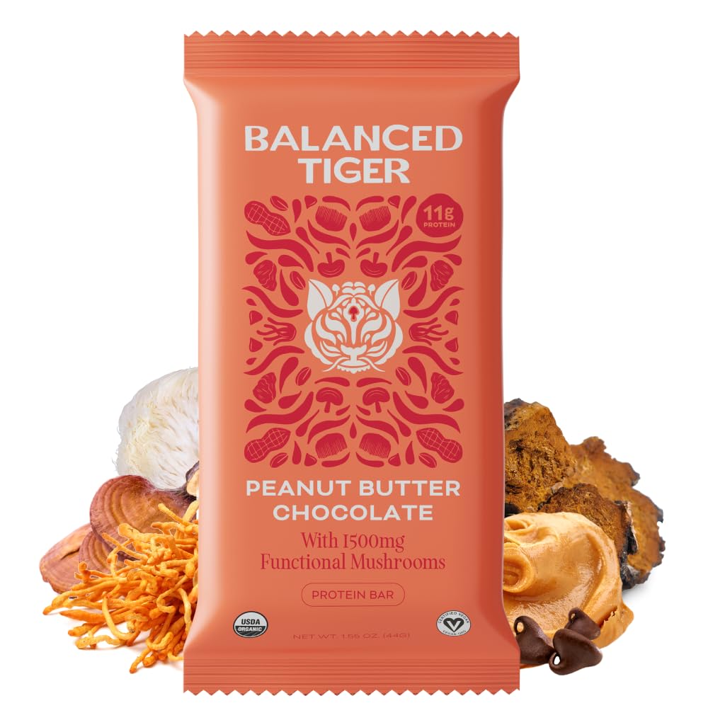 Organic Functional Mushroom Vegan Protein Bars | Made in USA | Full Dose (1500mg) Lions Mane, Chaga, Reishi & Cordyceps Bars | Plant Protein Bars w/ Adaptogens & Superfoods | Peanut Butter Chocolate Flavor