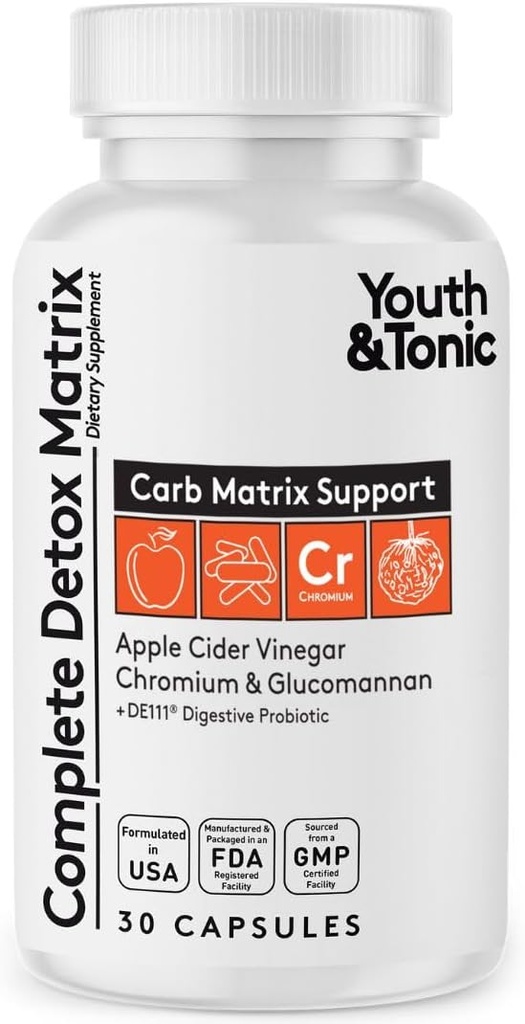 Youth & Tonic Balanced Detox Pills as Complete Gut Cleanse & Carb Matrix Support with ACV, Glucomannan, Chromium for Body Detoxing & Digestive Health, Supplement for Men & Women, Third-Party Tested