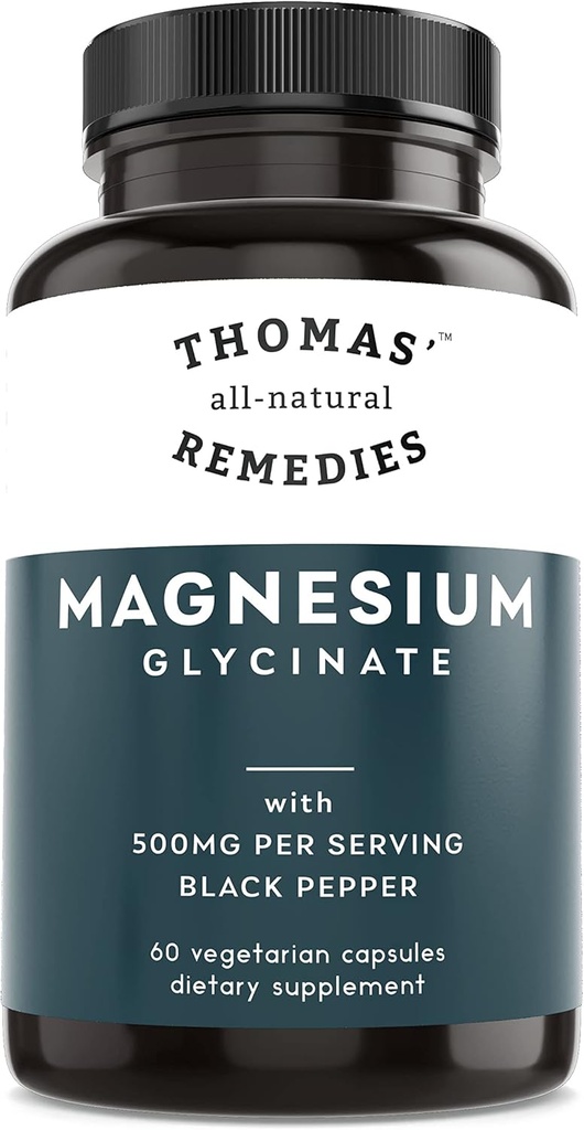 Thomas' all-natural Remedies Magnesium Glycinate Supplements, High Absorption, Dietary Supplements for Muscle and Bone Support, Non-GMO, No Fillers, 60 Vegan Capsules 500mg per Serving