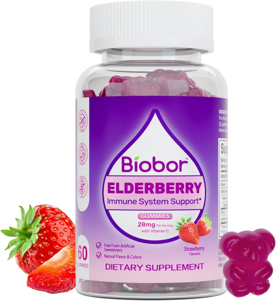 Natural Elderberry Gummies, Daily Immune Support Gummies with Vitamins C for Adults and Children Ages 4 Up, Gluten Free Vegan Elderberry Supplement (Strawberry, 60 Count)