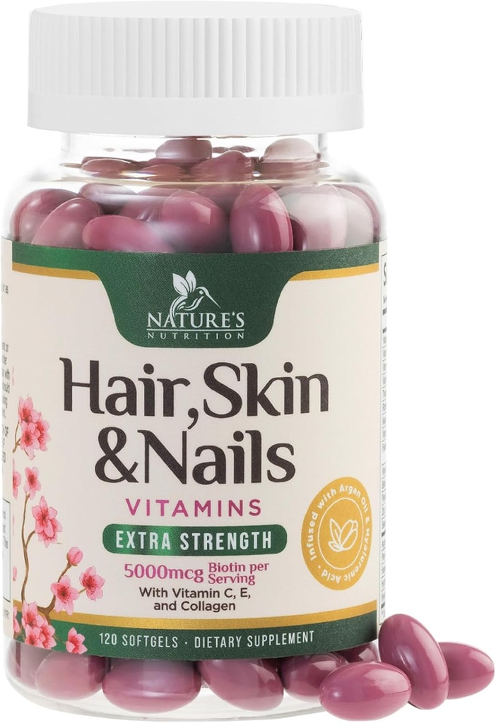 Hair, Skin & Nails Vitamins for Women - Biotin 5000mcg to Support Hair Growth with Argan Oil, Collagen & Hyaluronic Acid, Beautiful, Stronger Skin, Hair & Nails Vitamin Supplement - 120 Softgels