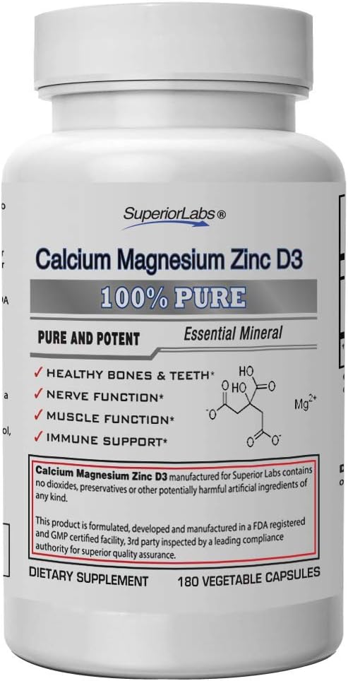 Superior Labs - Calcium Magnesium Zinc D3 - Essential Mineral Trio - 180 Vegetable Capsules - Healthy Bones & Teeth - Nerve Signaling - Muscle Function - Immune Support