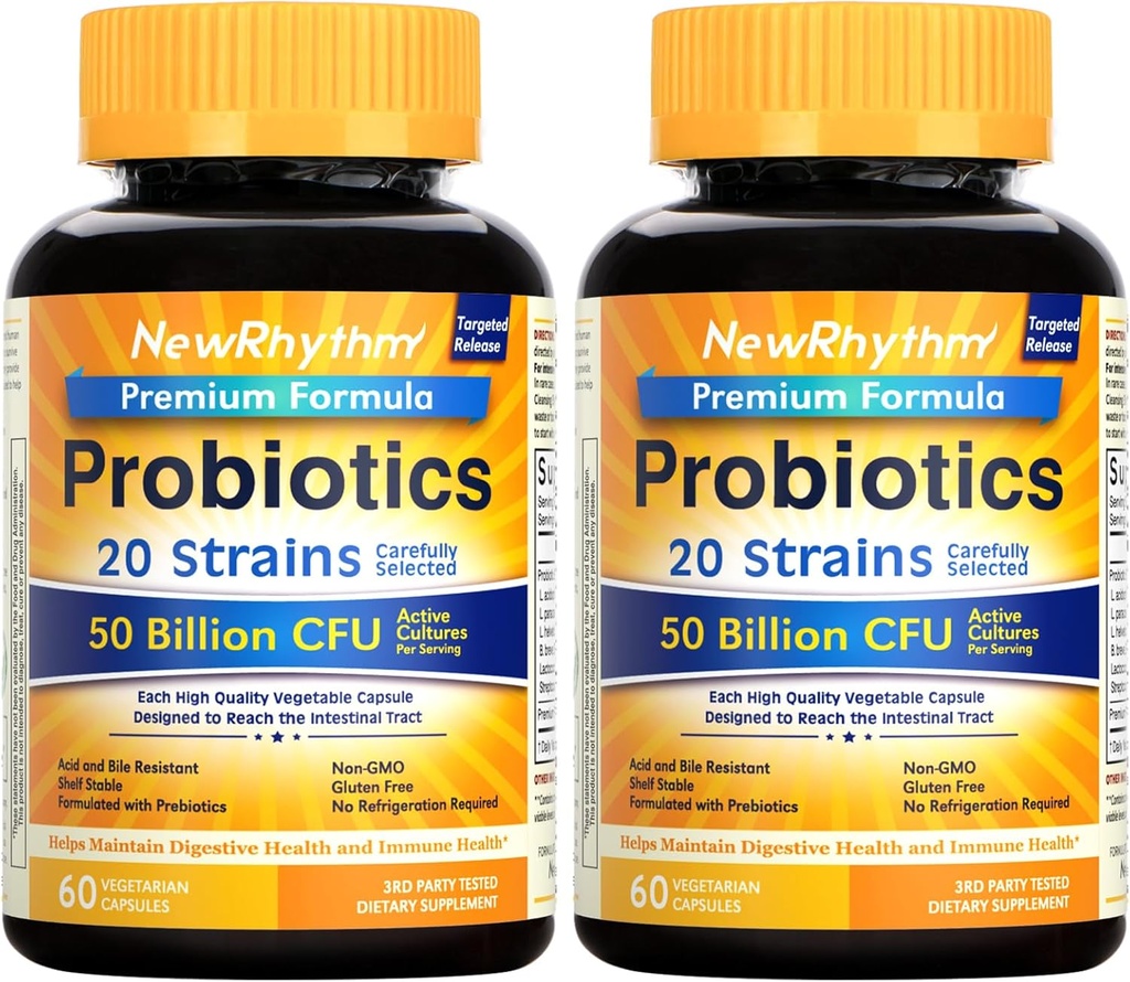 NewRhythm Probiotics 50 Billion CFU 20 Strains, 120 Veggie Capsules, Targeted Release Technology, Stomach Acid Resistant, No Need for Refrigeration, Non-GMO, Gluten Free
