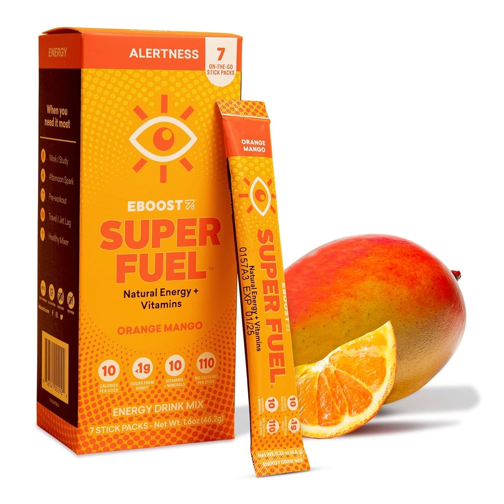 EBOOST Energy Drink Powder, Super Fuel - Orange Mango, 7 Packets - Pre-Workout Powder Energy Drink Mix - Natural Energy, L-Tyrosine, L-Theanine & Vitamins - Preworkout for Women & Men to Go