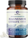 Magnesium Citrate 500 MG (120ct) for Calm, Relaxation, Constipation & Digestion Support | High Absorption Magnesium Supplement with Elemental Mag Oxide | Gluten-Free, Soy-Free | 4-Month Supply