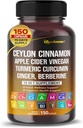 Ceylon Cinnamon Apple Cider Vinegar Turmeric Ginger Root Berberine Gymnema sylvestre Milk Thistle Licorice -150 Capsules- Made in USA