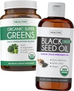 Super Greens & Black Seed Oil (3-Month Supply) Herbal Oil Blend Bundle of Organic Super Greends Powder - Complete Superfood (180 Capsules) & Organic Black Seed Oil Liquid - Cold pressed (8 fl oz)