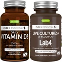 Daily Vitamin D3 + Live Cultures+ Lab4 Probiotics Bundle, 365 2000iu Vitamin D3 Tablets + 25 Billion CFU Lactobacillus Acidophilus & Bifidobacterium with Non-Bloating Prebiotic, by Igennus