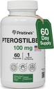 PRISTINE'S Pterostilbene 100mg Anti Aging Supplement Capsules - 60 Day Supply - Lung Health & Mental Clarity Antioxidant - High Bioavailability Vegan Non GMO