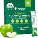 Zena Nutrition Organic Super Greens Powder, 70+ Superfoods, 0 Sugar, 3G Fiber, Spirulina, Chlorella, Antioxidants, Prebiotics/Probiotics, Digestive Enzymes, Green Apple, 30 Drink Mix Packets