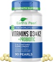 Earth's Pearl Vitamin D3 K2 5000 IU - 3-in-1 K2 D3 Vitamin Supplement with Probiotics for Women & Men, 3-Month Supply, Gut Health Supplements for Women & Men (90 CT)