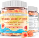 Vitamin D3 5000IU + K2 (MK-7) 120mcg, Sugar-Free Vitamin D3 K2 Filled Gummies with Vitamin B Complex - Methyl B12, B9, B6 | Vitamin E & Zinc, MCT Oil - Supports Bone & Teeth Strength, Immune, 1PACK
