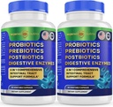 Probiotics + Prebiotics Postbiotics Digestive Enzymes = 4 in 1 Formula Supplement for Better Digestion Health Women, Men and Gut, 2-Pack, 120 Count
