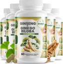 GreeNatr Ginko Biloba & Panax Ginseng Supplement - Red Ginseng for Memory and Focus - Ginkgo Biloba for Good Vision, Immune System and Improved Blood Flow (360 Tablets: 6 Bottles)