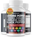 Cayenne Pepper Turmeric Odorless Garlic Cinnamon Fenugreek Citrus Bergamot Artichoke Blueberry Green Tea Black Pepper -150 Capsules- Made in USA